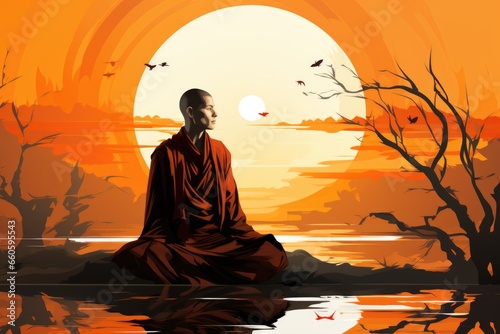 A monk sitting on a rock in front of a sunset. Peace and meditative calm. © Friedbert