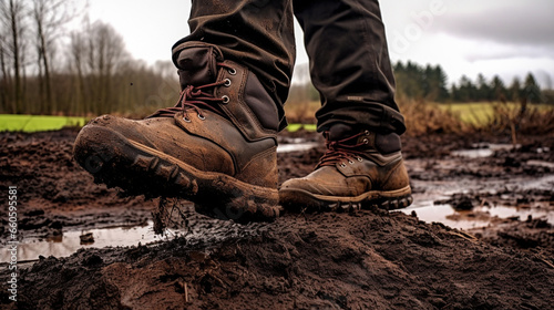 Pair of dirty  walking boots covered in mud and water, waterproof, outdoors concept