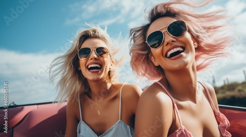 photo of beautiful laughing women in a car. Vacation concept