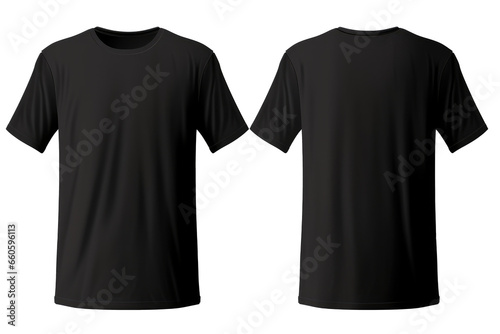 T-shirt mockup. Black blank t-shirt front and back views isolated on transparent background.