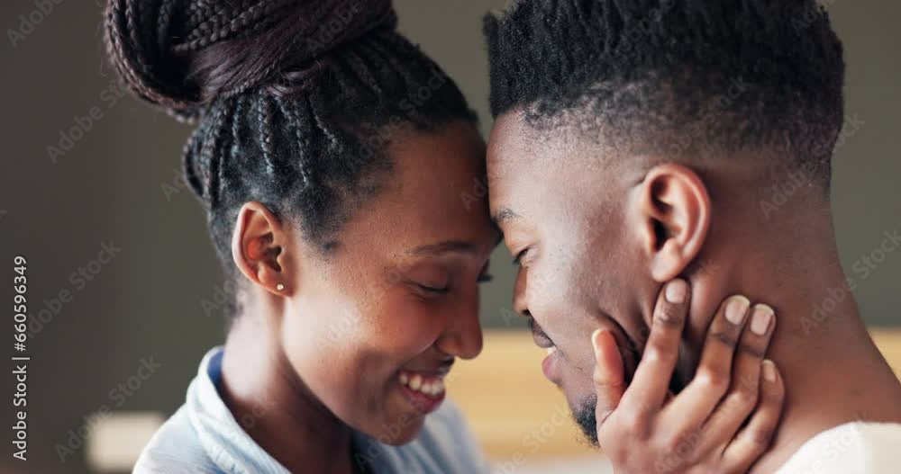 Face, care and African couple in bedroom together with love in relationship and with happiness in the morning. Affection, bonding and happy man with woman for romance to relax in home on vacation Face, care and African couple in bedroom together with love in relationship and with happiness in the morning. Affection, bonding and happy man with woman for romance to relax in home on vacation