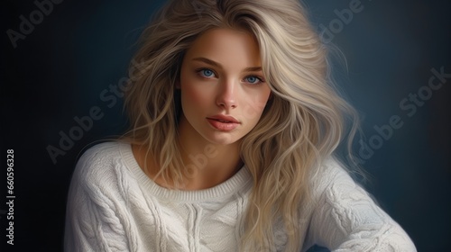 studio photo of a beautiful woman in a warm knitted sweater on a light background