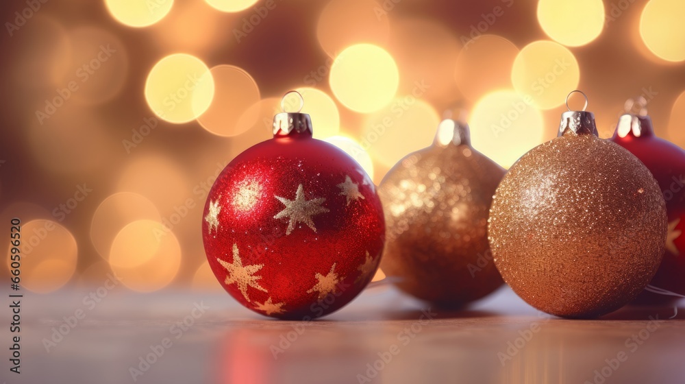 Merry Christmas ornaments. Red and Gold Christmas balls and lights Christmas tree on refocused lights Christmas with bokeh lights and stars with soft and warm tones Merry Christmas ornaments. Red and Gold Christmas balls and lights Christmas tree on refocused lights Christmas with bokeh lights and stars with soft and warm tones