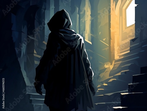 Abstract Medieval Thief in a Grand Castle: Perfect for Suspenseful Stories, Historical Illustrations, and Adventure Themes