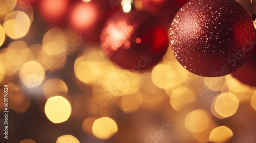 Merry Christmas ornaments. Red and Gold Christmas balls and lights Christmas tree on refocused lights Christmas with bokeh lights and stars with soft and warm tones