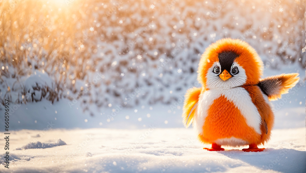 Cute cartoon penguin in a snowy meadow