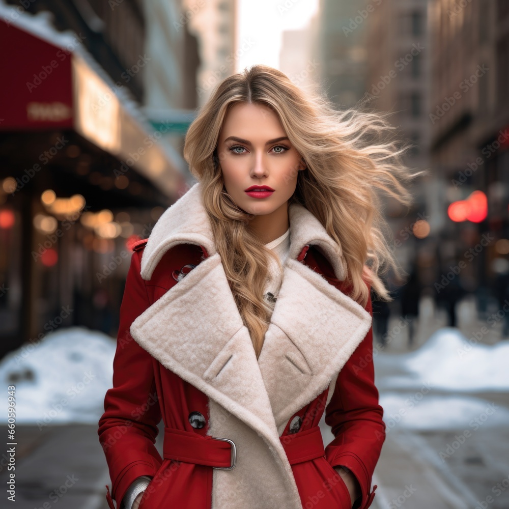 photo of a beautiful woman in stylish warm autumn-winter clothes against the backdrop of a big city. Fashion and style concept
