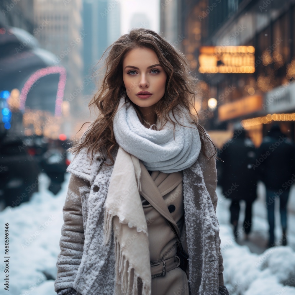 Fototapeta premium photo of a beautiful woman in stylish warm autumn-winter clothes against the backdrop of a big city. Fashion and style concept