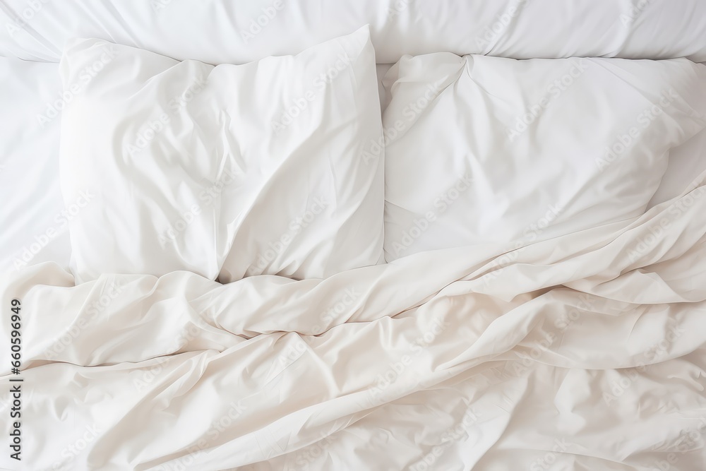 Background With White Bedding Sheets And Pillows, Conveying Messy Bed Concept