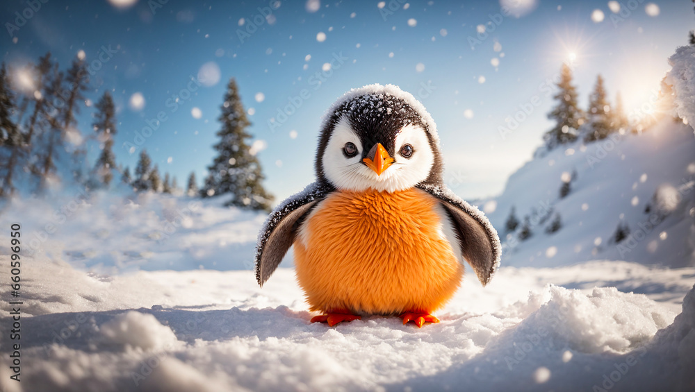 Fototapeta premium Cute cartoon penguin in a snowy meadow