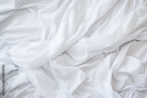 Background With White Bedding Sheets And Pillows, Conveying Messy Bed Concept photo