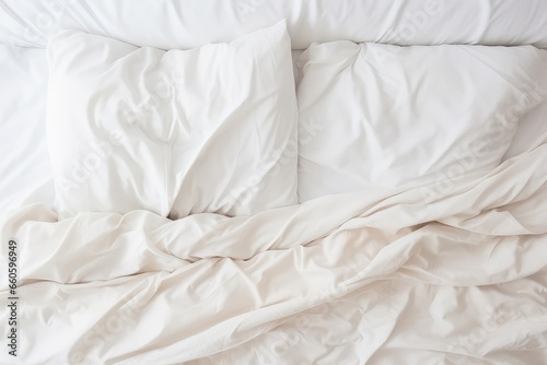 Background With White Bedding Sheets And Pillows, Conveying Messy Bed Concept