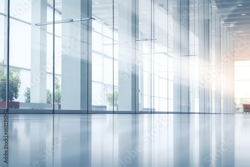 Blurred Background Of Business Buildings Office Lobby Hall Interior With Glass Walls, Suggesting Empty Indoor Room With Soft Lighting