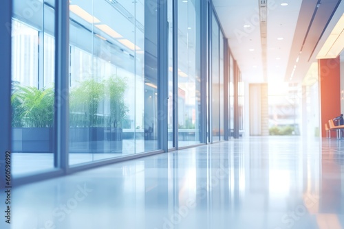 Blurred Background Of Business Buildings Office Lobby Hall Interior With Glass Walls, Suggesting Empty Indoor Room With Soft Lighting