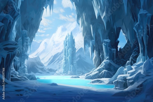Fictional Glacial Ice Grotto, Resembling Scenes From Fantasy Movie, With Snowcovered Mountain Caves And Windows