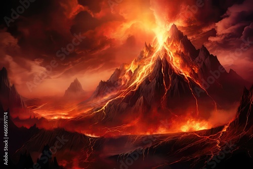 Fiery Mountain Landscape, Molten Lava Spewing From The Hills, Scene Of Volcanic Eruption