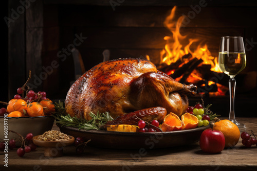 Homemade roast turkey or roast chicken for Thanksgiving or Christmas dinner.