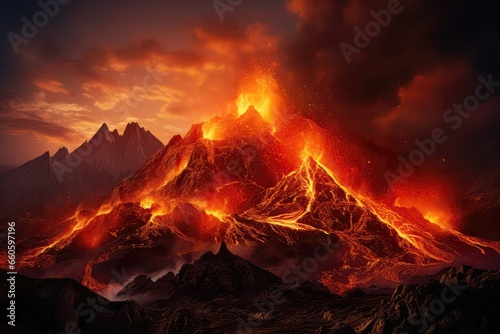 Fiery Mountain Landscape, Molten Lava Spewing From The Hills, Scene Of Volcanic Eruption