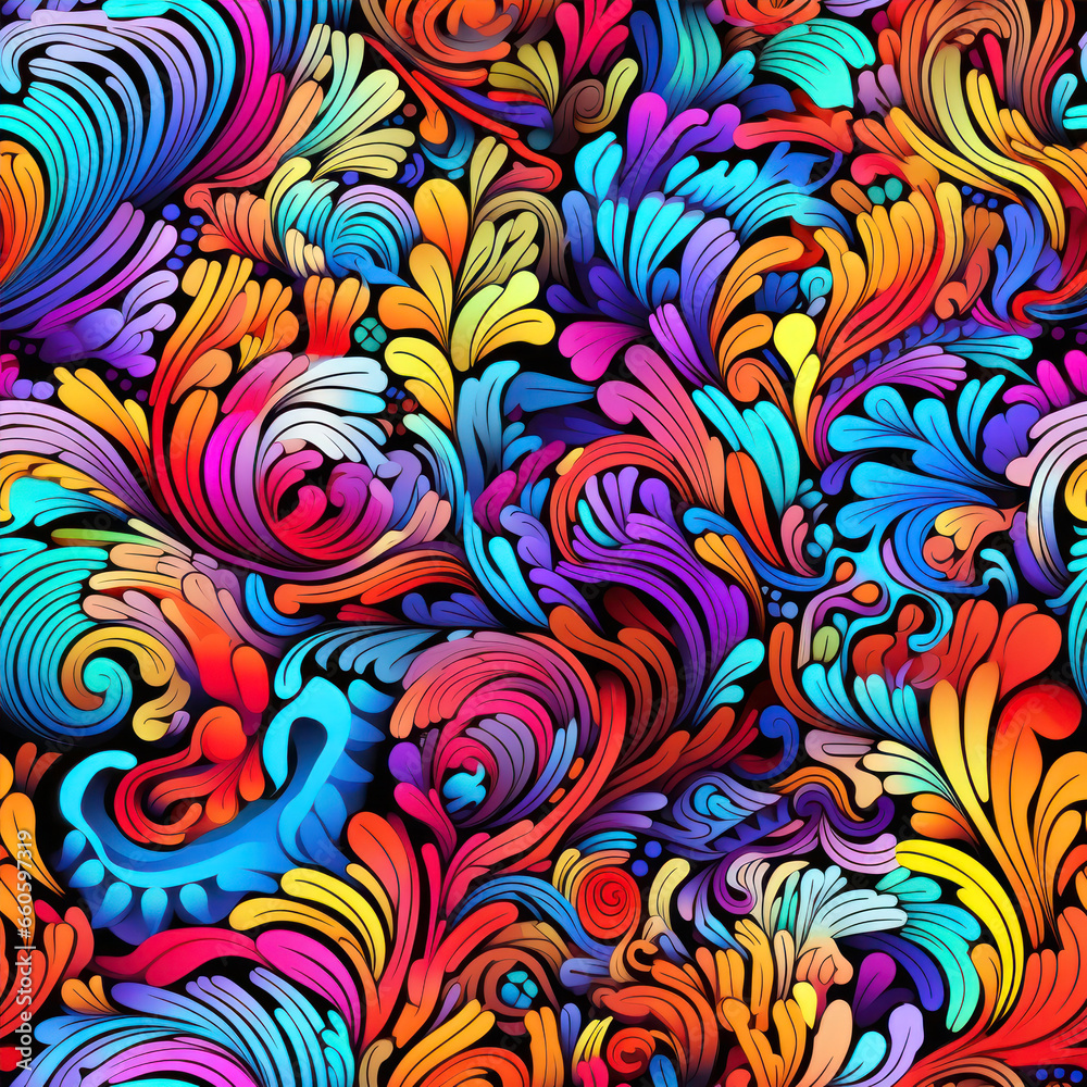 Psychedelic patterns. Seamless abstract hand-drawn pattern, waves and curls. Colorful background.