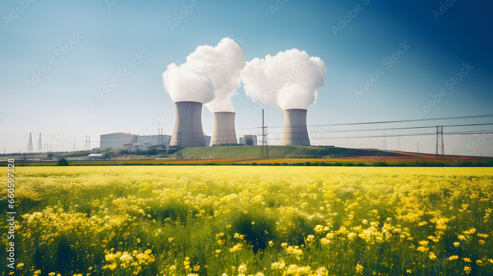 Nuclear power plant. Nature background