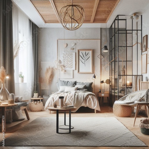 modern living room with fireplace, bedroom near a open window