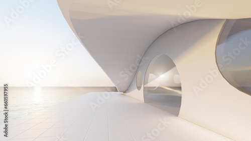Architecture background exterior of curved wall building and sea view 3d render