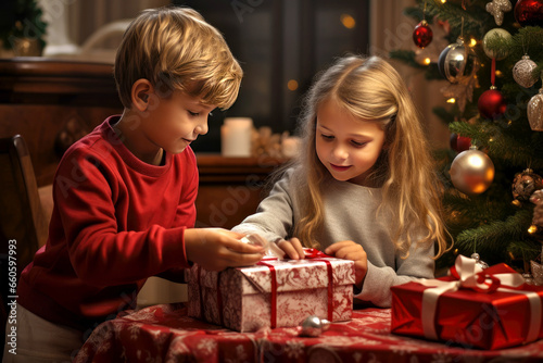 Children opening Christmas gifts at home.