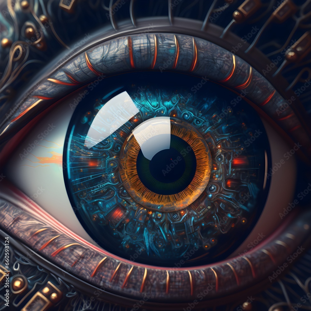hyper realistic close up of cybernetic eye large pupil cyberpunk 