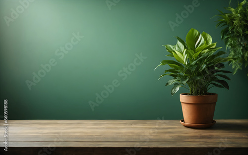 Empty wooden table surface with potted plants and green wall background