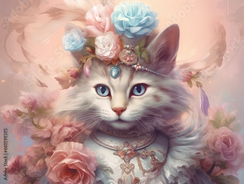 Wallpaper with cat king / queen in flowers. AI