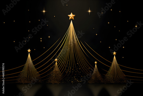 Abstract gold Christmas tree with stars on a black background
