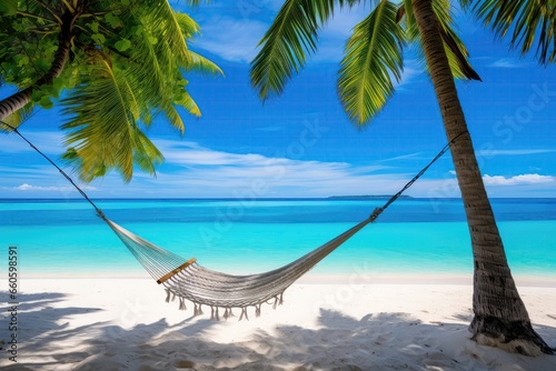A Hammock Between Two Palm Trees On A Beach