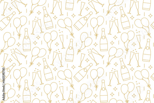 christmas, New Year's Eve, party golden seamless pattern with champagne bottle, glasses and ballons- vector illustration
