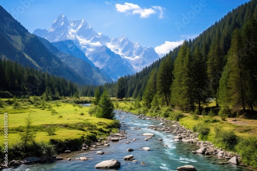 Peaceful, Winding River Meandering Through Tranquil Valley, Surrounded By Dense Forests And Towering Peaks
