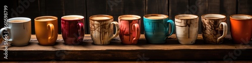 A row of coffee mugs sitting on top of a wooden table. Panoramic banner.