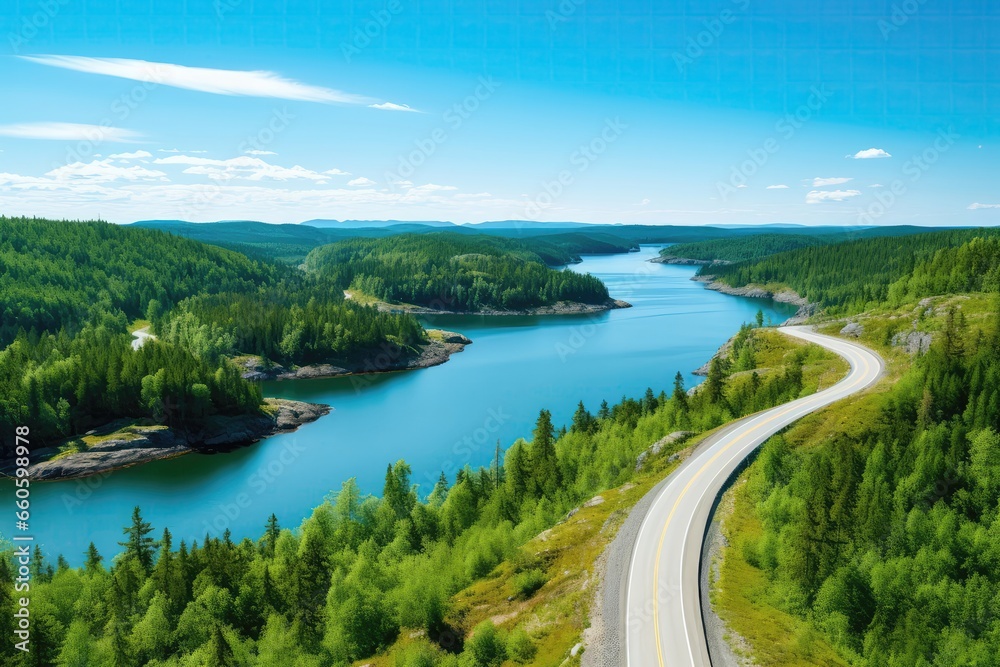 Summertime Aerial View, Featuring Road Flanked By Lush Forest And Turquoise Lake