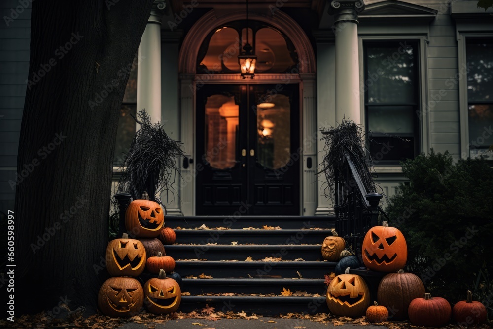 Obraz premium A creatively decorated house door sets the mood for Halloween, complete with pumpkins, cobwebs, and spooky elements. Ideal for seasonal celebrations, home decor, and holiday themes.