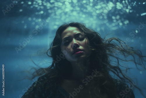 A surreal underwater scene featuring a lone woman illuminated by striking blue light, creating an ethereal atmosphere. Perfect for topics like exploration, mystery, and the unknown.