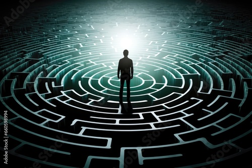 Silhouette Of Man Navigating Maze Or Labyrinth, Symbolizing Finding Solutions And Selfdiscovery