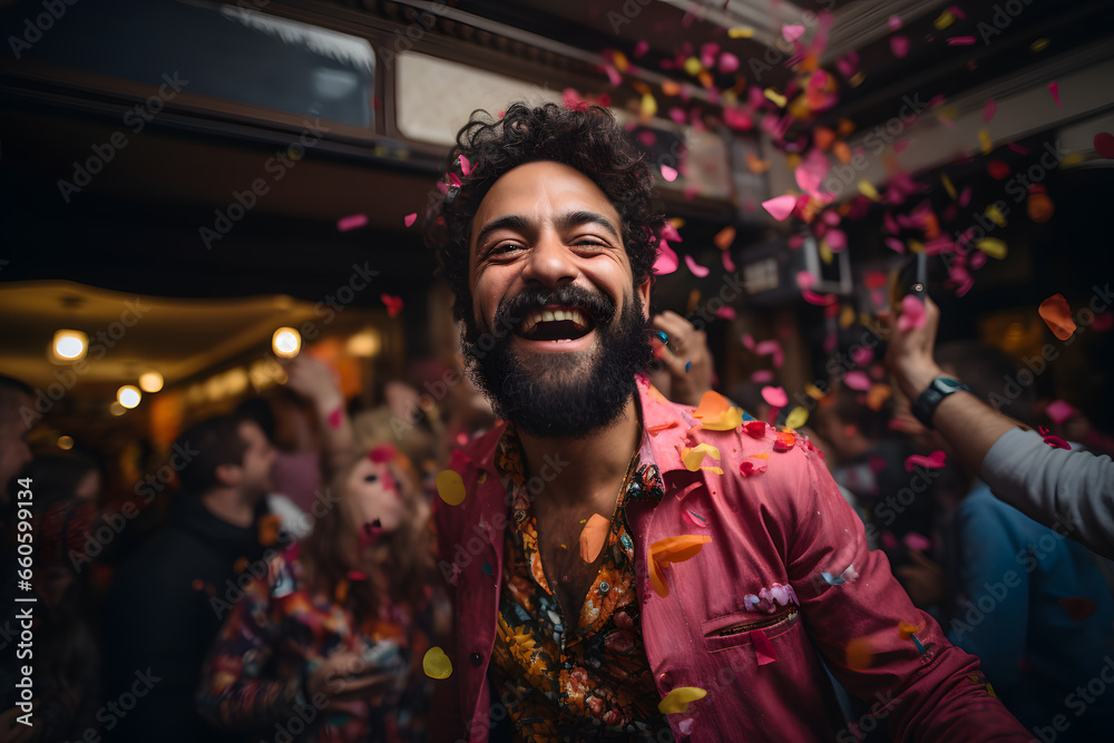 Confetti falling on Smiling man at a New Years eve party AI Generated Art Confetti falling on Smiling man at a New Years eve party AI Generated Art