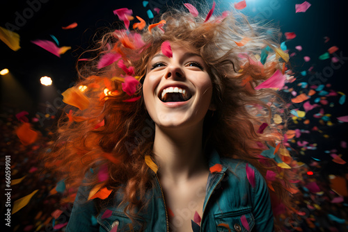 Close up happy smiling woman with confetti in her hair celebrating new years eve at party AI Generated Art