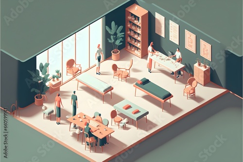illustration of people attending a massage class there is a massage table in the middle of the training room furniture design realistic pastel clean design image background uiux 3d max  photo