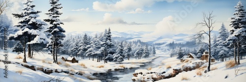 A painting of a snowy mountain scene with a stream. Imaginary illustration.