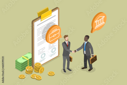 3D Isometric Flat Vector Conceptual Illustration of Public And Private Sectors Partnership , Mixed Economy Features