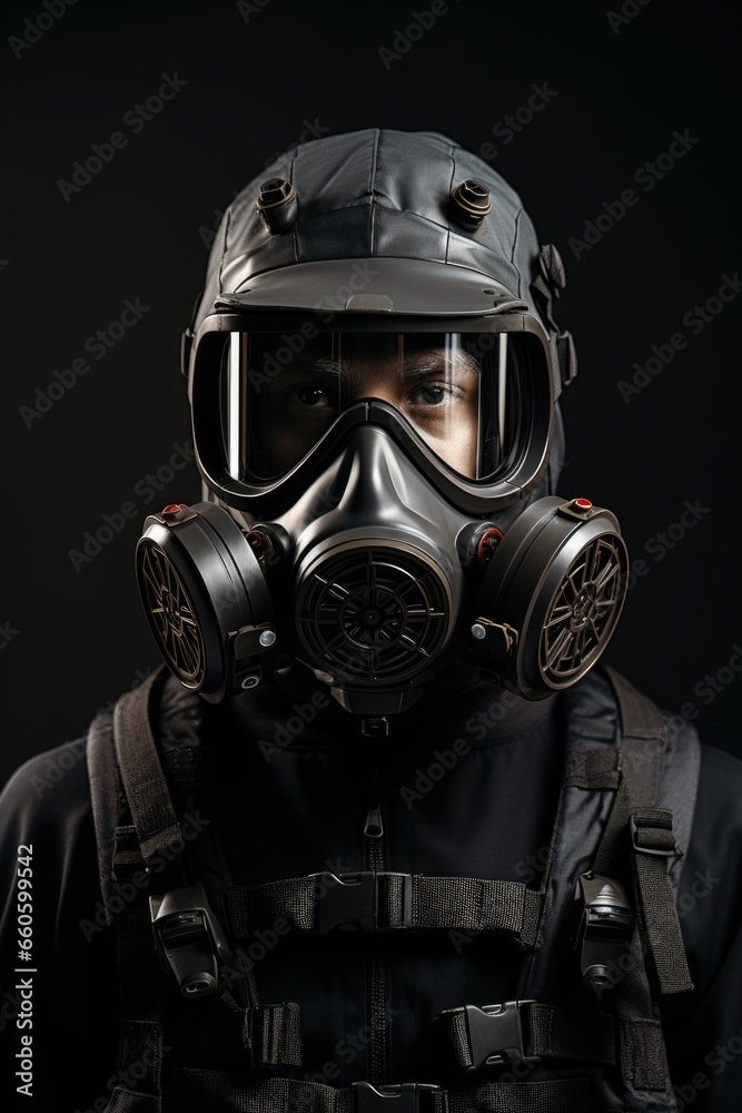 A man wearing a gas mask and goggles. Imaginary AI picture.