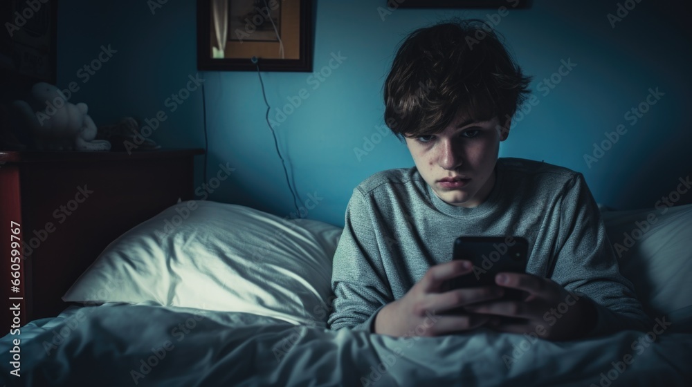Fototapeta premium A young man sitting in bed looking at his cell phone