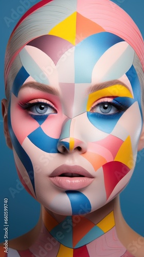 A close up of a woman with a colorful face paint © Maria Starus