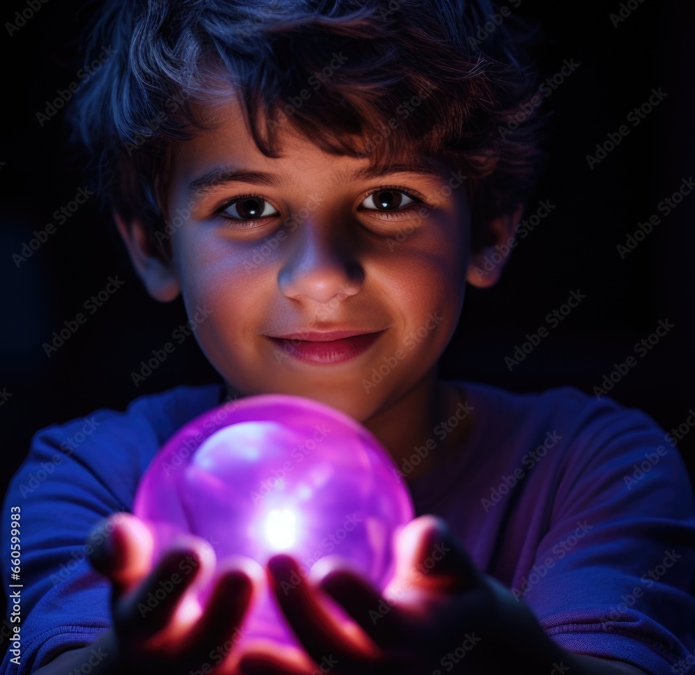 Naklejka premium A young boy holding a glowing ball in his hands