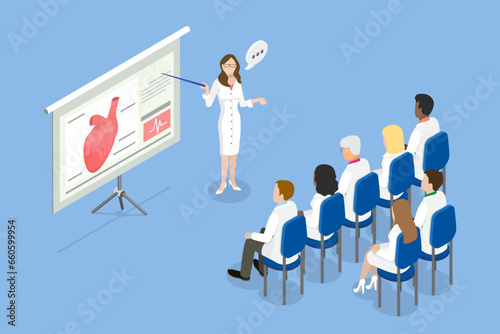 3D Isometric Flat Vector Conceptual Illustration of Medical Conference, Healthcare Training Seminar