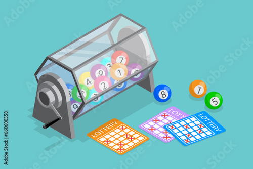3D Isometric Flat Vector Conceptual Illustration of Lottery Machine, Raffle Drum